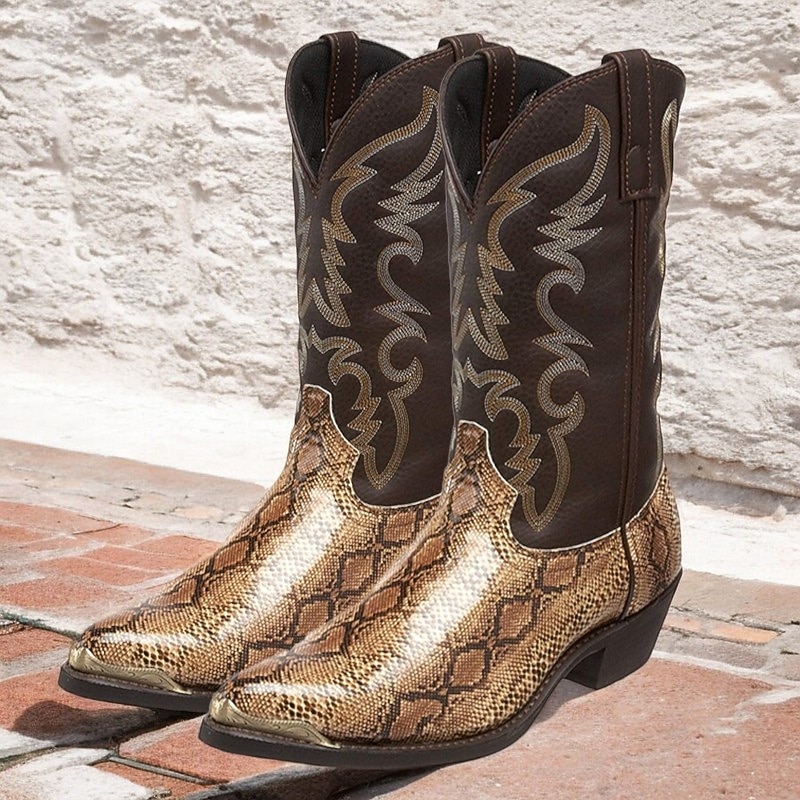 Men's Brown Western Cowboy Boots with Snake Print and Embroidered Design - Stylish and Durable for Outdoor Wear