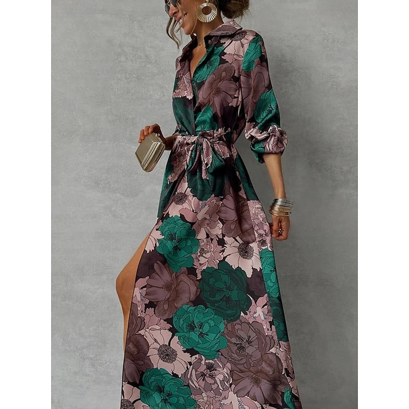 Women's Floral Print Lapel Maxi Dress Long Sleeve Spring Fall