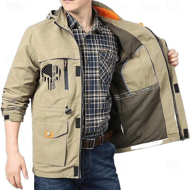 Men's Letter Printed Outdoor Jacket Coat Tactical Practical Casual Sports Outdoor Daily Wear Side Pockets Zip Front Adjustable Drawstring Hood Fall Winter Standing Collar Long Sleeve khaki Army Green