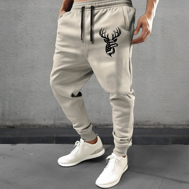 Men's American US Flag Patriotic Deer Sweatpants Joggers Pants Trousers Mid Waist Drawstring Elastic Waist Vintage Casual Street Dailywear Pocket Spring Fall Winter 3D Print White Blue Beige2