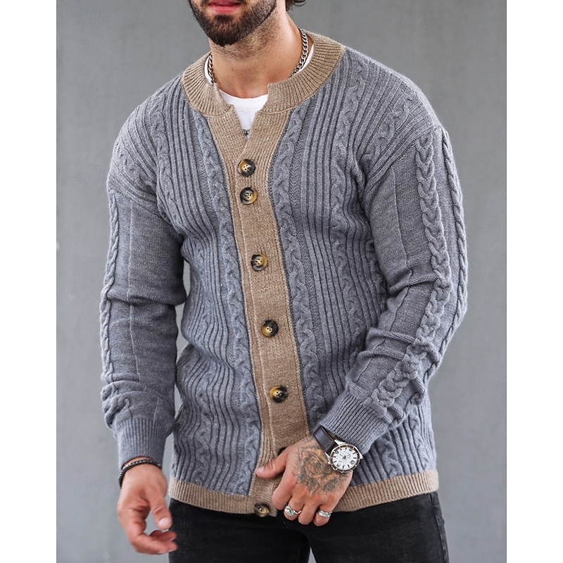 Men's Cropped  Sweater Cardigan Sweater Knit Sweater Ribbed Knit Regular Patchwork Side Pockets Color Block V Neck Fashion Classic Daily Wear Date Clothing Apparel Fall & Winter Gray M L XL2