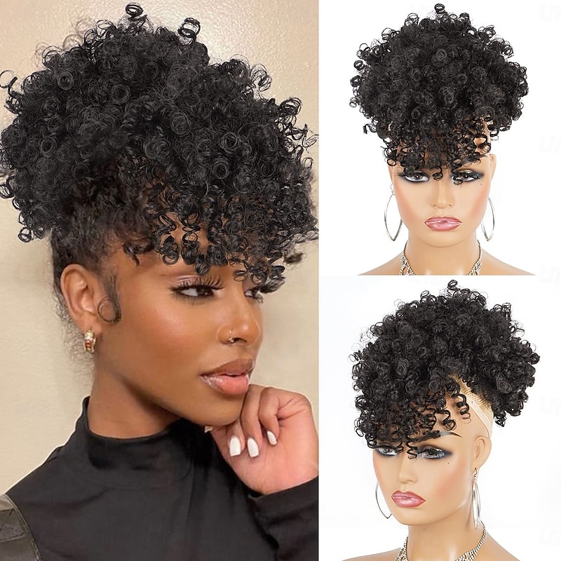 Afro Puff Drawstring Ponytail with Bangs Drawstring Ponytail for Women Kinky Curly Hair Clip in Bangs Short Ponytail Hair Extensions Updo Hairpieces2