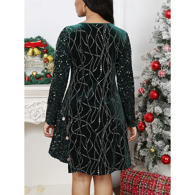 Women's Holiday Dress Three-Quarter Sleeve Sequin Embellished Fit-and-Flare Knee-Length Party Evening Red Gold Glittery Comfort Stretch Winter Apparel 5