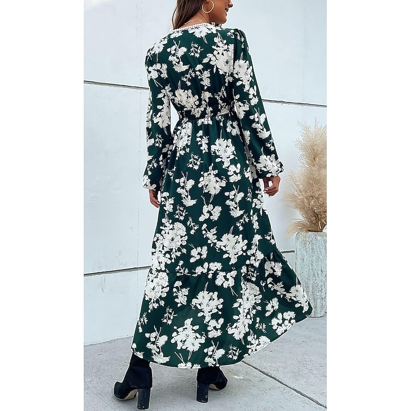 Women's Floral Lace Print V Neck Long Dress Maxi Dress Long Sleeve Spring Fall2