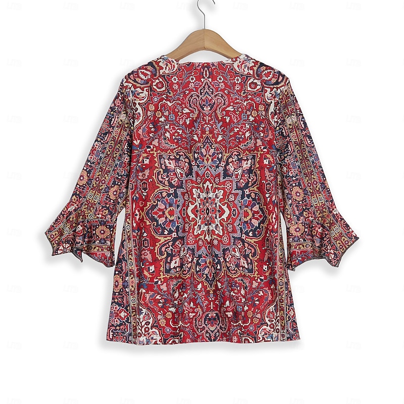 Women's T Shirt Henley Shirt Floral Vintage Ethnic Daily Basic 3/4 Length Sleeve V Neck Regular Tops Holiday Weekend Buttons Print Red Purple Green Khaki Gray Fall & Winter3