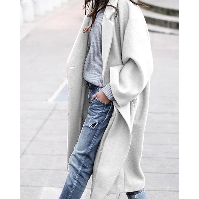 Women's Winter Coat Coat Warm Buttons Daily Modern Solid Color Home Single Breasted Long Turndown Loose Fit Long Sleeve Outerwear Black White Red Spring Fall2