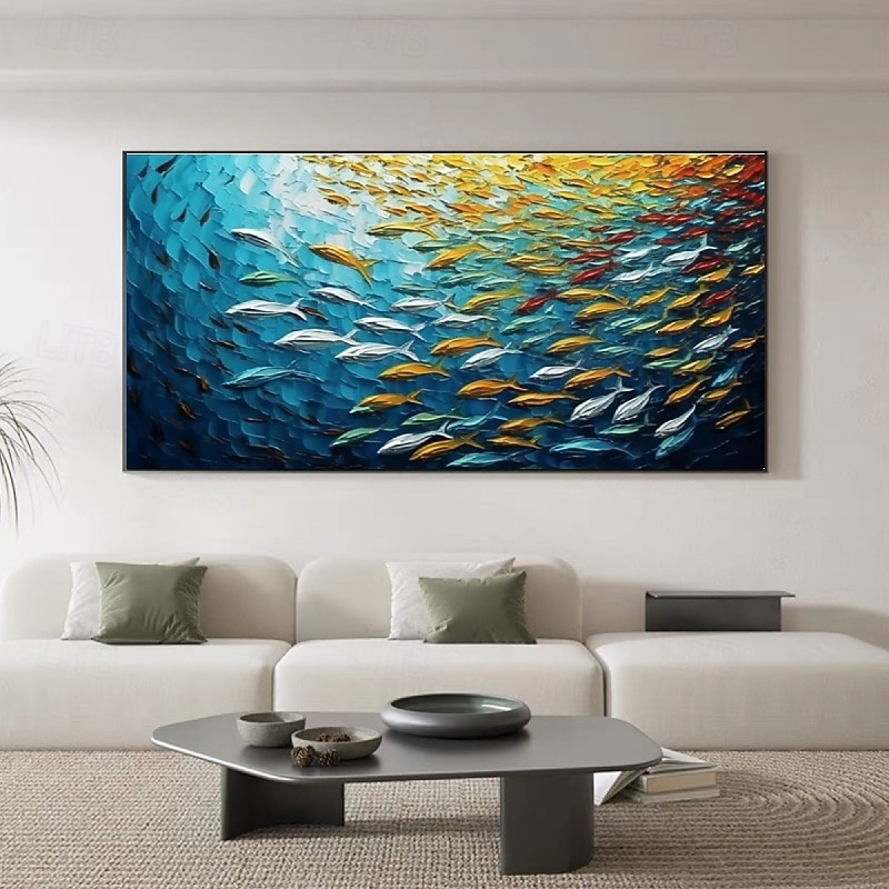 Handpainted Blue Ocean World Multicolored Tropical Fish oil painting handmade 3D fish Oil Painting Modern Marine Seascape painting Nature Decor Vertical Artwork Underwater Spectacle oil painting2
