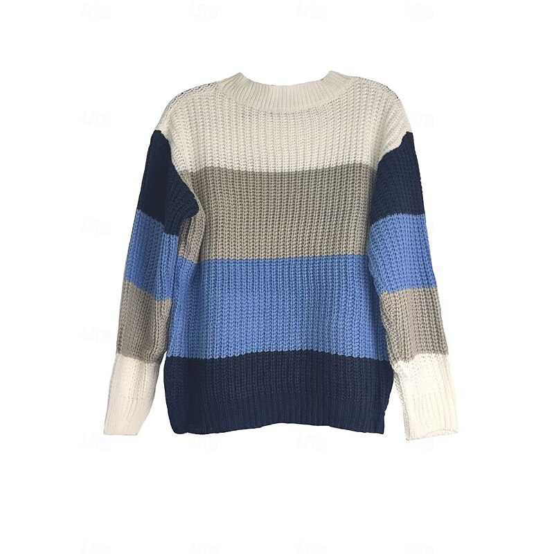 Women's Sweater Fashion Daily Color Block Crew Neck Knitted Long Sleeve Regular Tops Knit Work Blue Fall Winter3