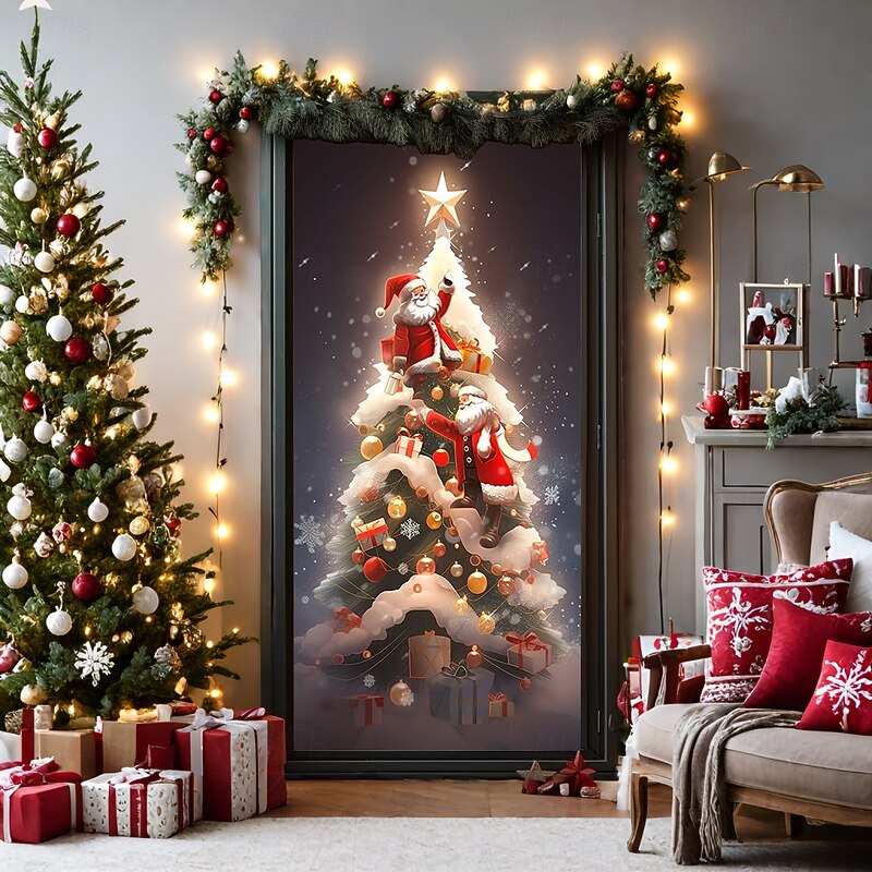 Christmas Door Decorations Door Covers Xmas Santa Door Tapestry Door Curtain Decoration Backdrop Door Banner for Front Door Farmhouse Holiday Party Decor Supplies Christmas Tree Indoor/Outdoor4