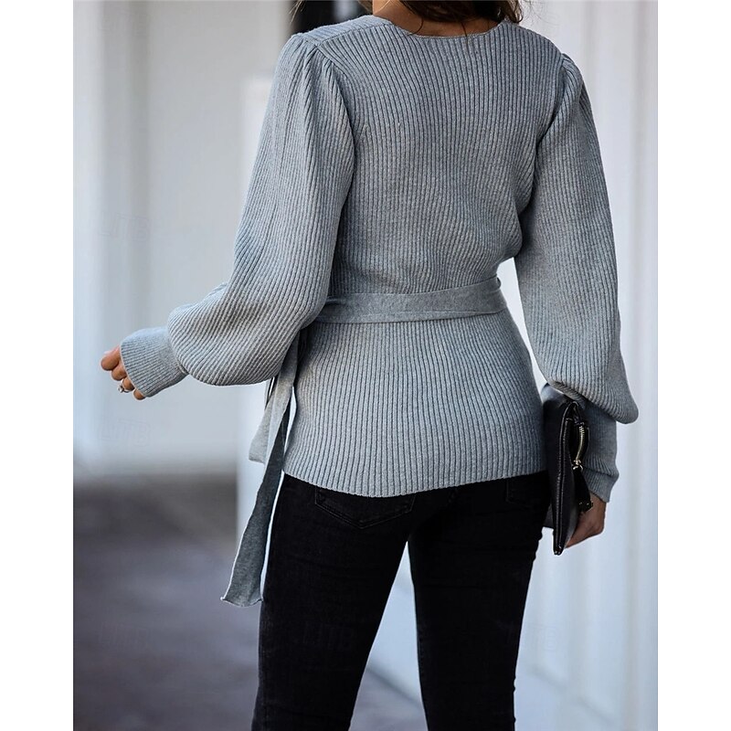 Women's Wrap Knit Sweater V Neck Ribbed Knit Knitted Lantern Sleeve Fall Winter Work Elegant Fashion Daily Long Sleeve Solid Color Black Beige2