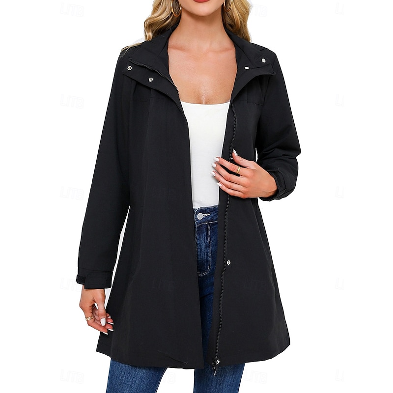 Women's Casual Jacket Work Zipper Solid Color Windproof Fashion Loose Fit Outerwear Long Sleeve Fall Black S2