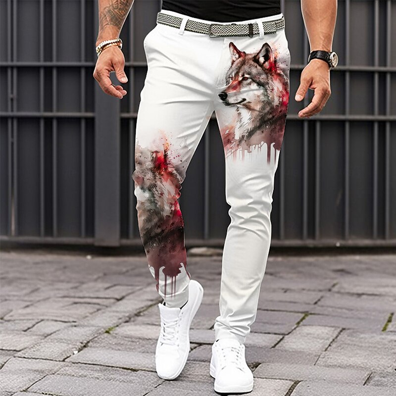 Men's Wolf Dress Pants Mid Waist Casual Formal Dailywear Zipper Pocket Summer Spring Fall 3D Print Black White Yellow4