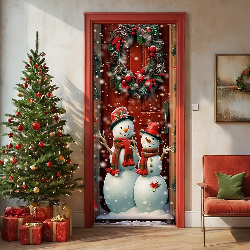 Christmas Door Decorations Door Covers Xmas Snowman Door Tapestry Door Curtain Decoration Backdrop Door Banner for Front Door Farmhouse Christmas Holiday Party Decor Supplies Indoor/Outdoor