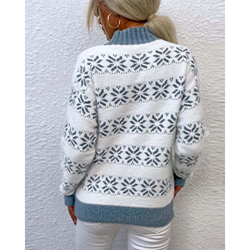 Women's Knitted Snowflake Sweater High Neck Long Sleeve Ribbed Texture White Light Blue Winter Festive Holiday Regular Fit Clothing Apparel