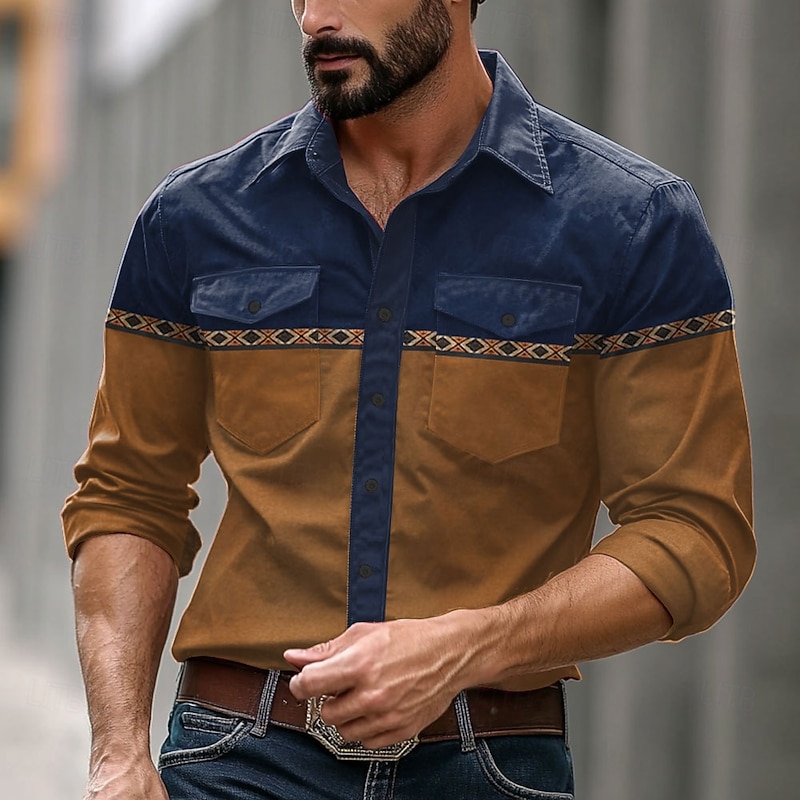 Men's Cowboy Western Shirt Button Up Shirt Cowboy Shirt Long Sleeve Casual Western Style Formal Daily Holiday Fall Winter Spring & Summer Turndown Collared Shirts Button Up Pocket 3D Print Brown