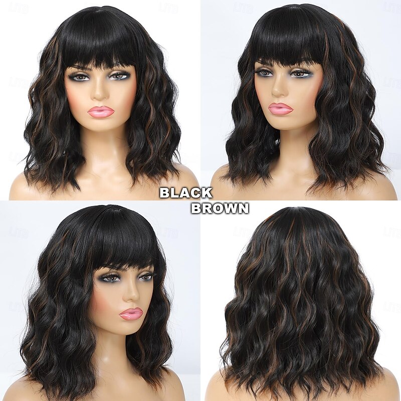 Short Bob Wig with Bangs for Women Natural Looking Heat Resistant Synthetic Fiber Curly Wavy Bob Wigs for Daily Party Use3
