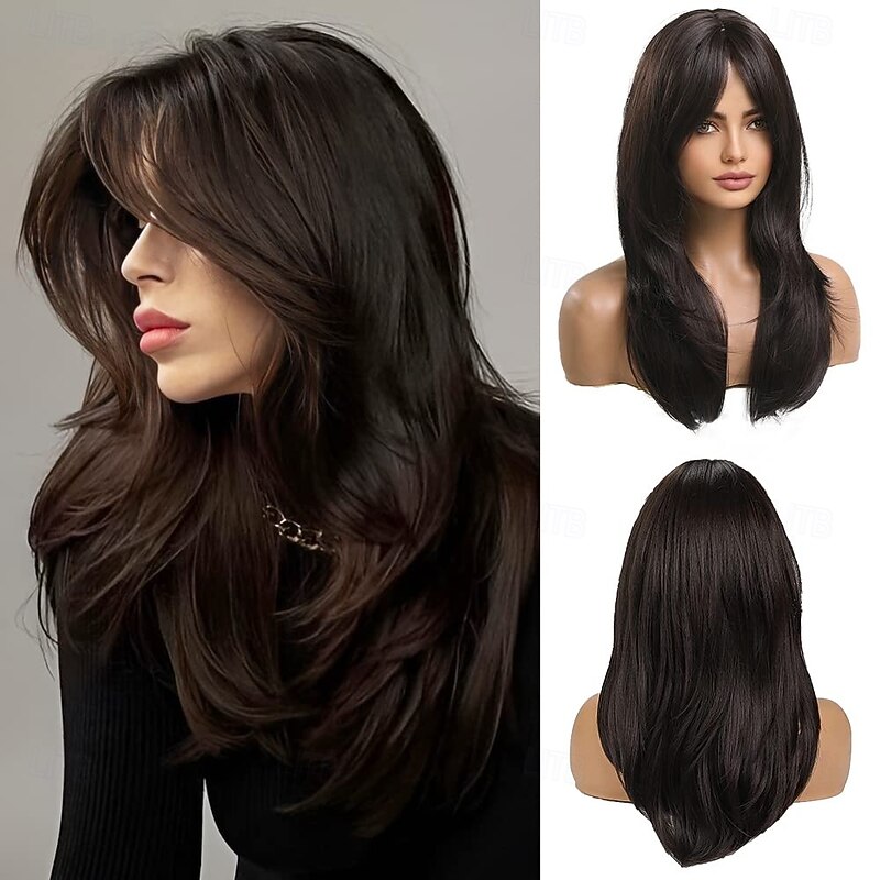 20 Inches Long Straight Dark Brown Layered Synthetic Hair Wigs with Bangs for Women Daily Party Use2