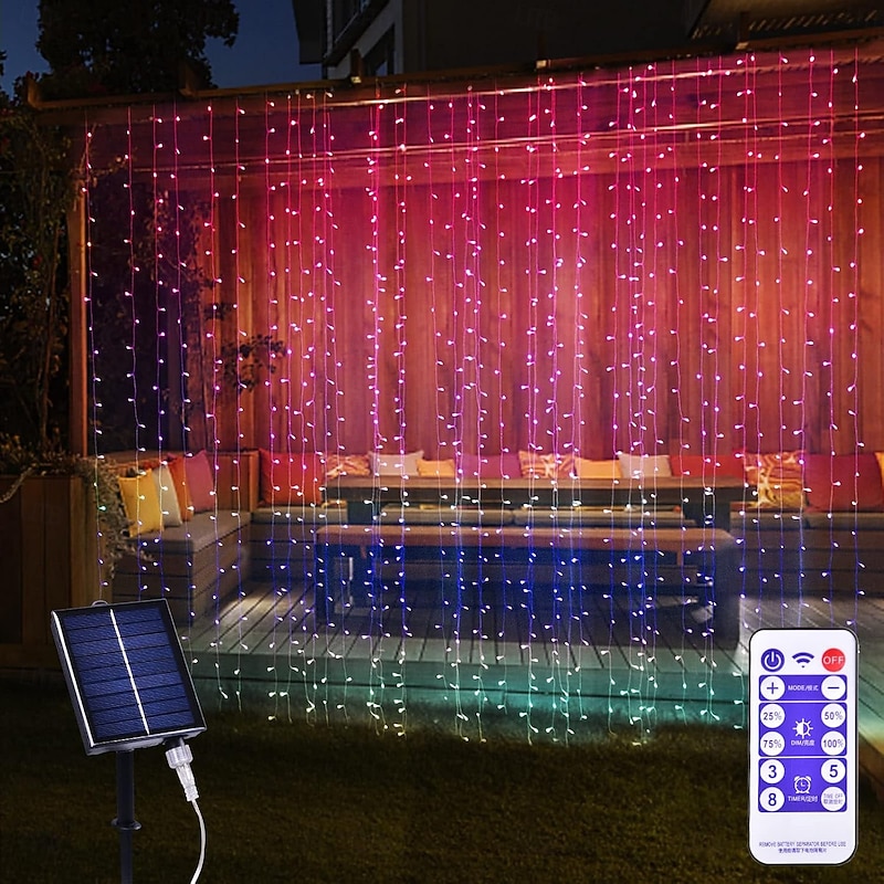 Solar Curtain Lights Outdoor Remote Control 8 Modes Lighting Fairy Light 3x3m 300LEDs IP65 Waterproof String Lights Xmas Party Wedding Home Garden Wall Living Room Bedroom Decoration2