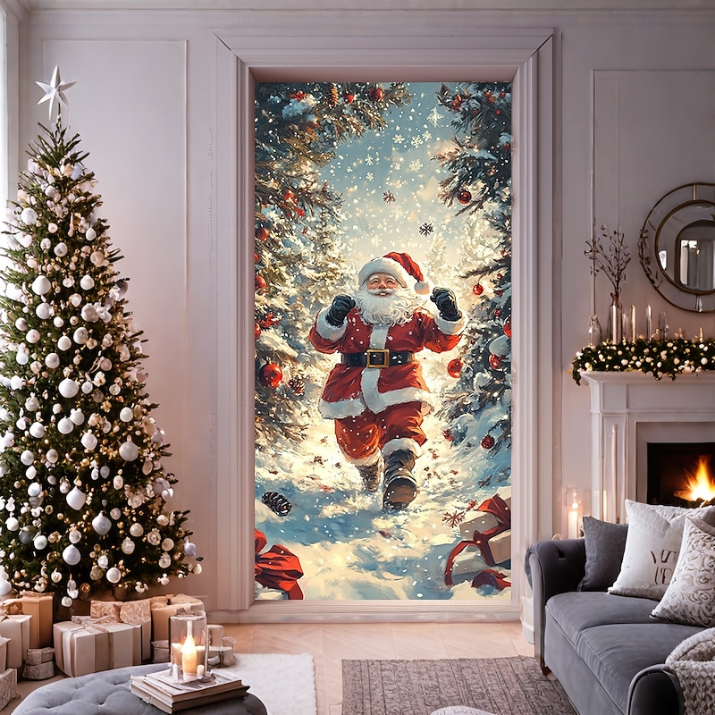 Christmas Door Decorations Door Covers Snowman House Door Tapestry Door Curtain Decoration Backdrop Door Banner for Front Door Farmhouse Christmas Holiday Party Decor Supplies Gift Indoor/Outdoor