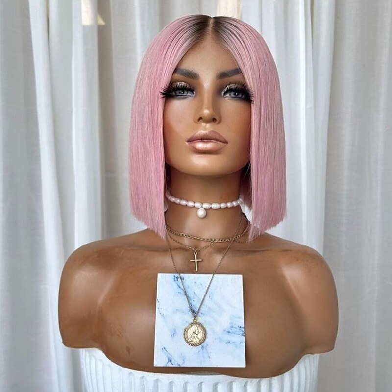 Remy Human Hair 13x4 Lace Front Wig Short Bob Middle Part Brazilian Hair Silky Straight Pink Wig 130% 150% Density Ombre Hair For Women Short Human Hair Lace Wig4