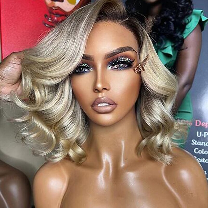 Unprocessed Virgin Hair 13x4 Lace Front Wig Short Bob Brazilian Hair Wavy Multi-color Wig 130% 150% Density with Baby Hair Ombre Hair For Women Long Human Hair Lace Wig4