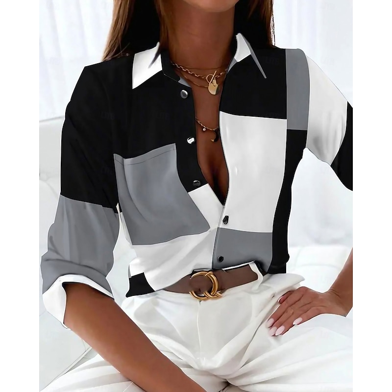 Women's Shirt Long Sleeve Button Down Blouse Basic Color Block Buttons Print Regular Tops Shirt Collar Casual Black Spring Fall2