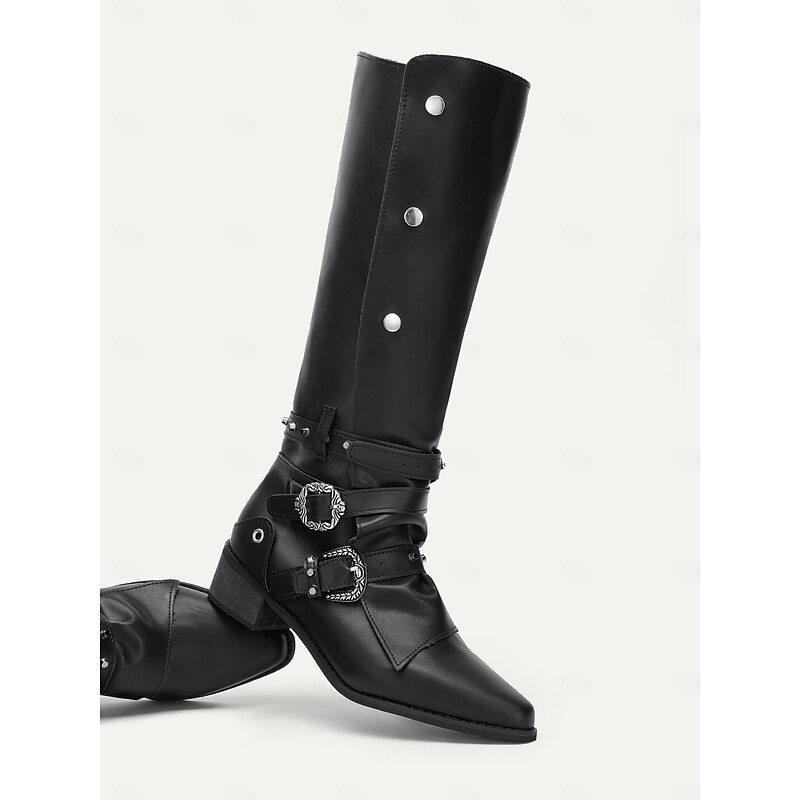 Women's Black Knee-High Boots with Buckle Straps and Studded Detailing – Gothic Style Motorcycle Boots for Casual and Party Wear4