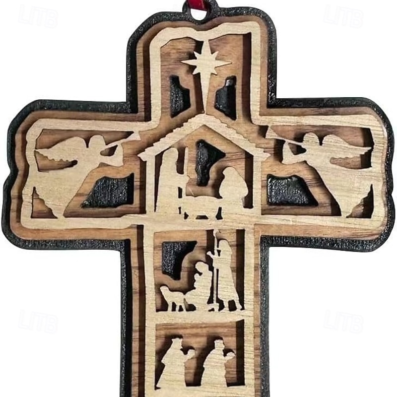 Christmas Tree Oranments Wooden Jesus Cross Pendant Xmas Decor, Religious Craft. Symbol of Faith & Grace. Adds Charm to Your Space4