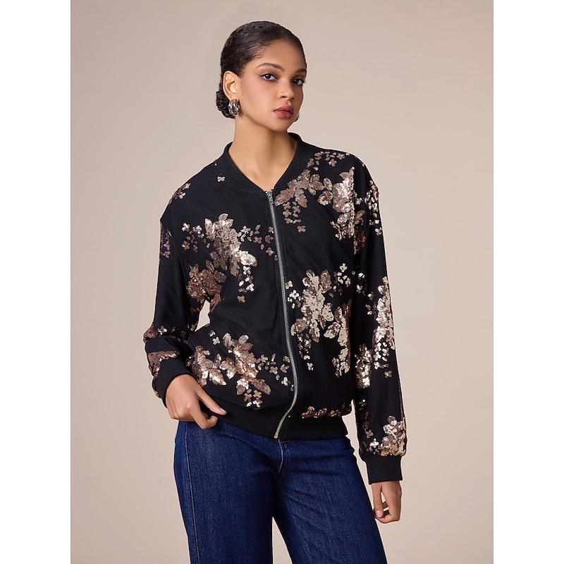 Women's Bomber Jacket Sequin Crew Neck Casual Party Evening Fall Winter4