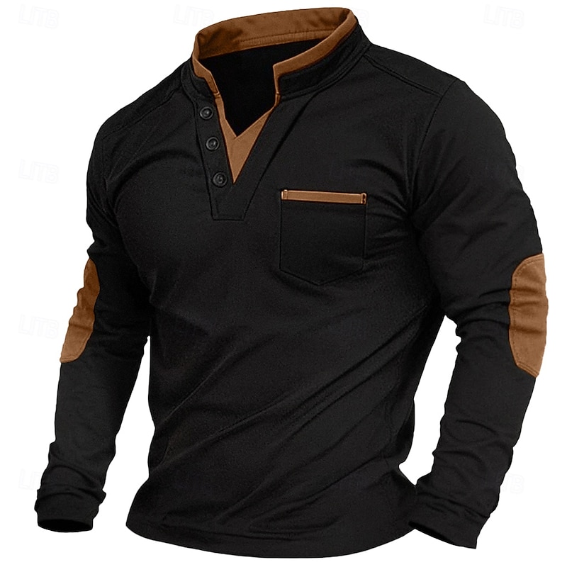 Men's V Neck Tee Tee Top Long Sleeve Shirt Long Sleeve Patchwork Daily Casual Street Style Fashion Fake two piece V Neck Outdoor Street Causal Summer Black White Navy Blue Henley T-Shirt