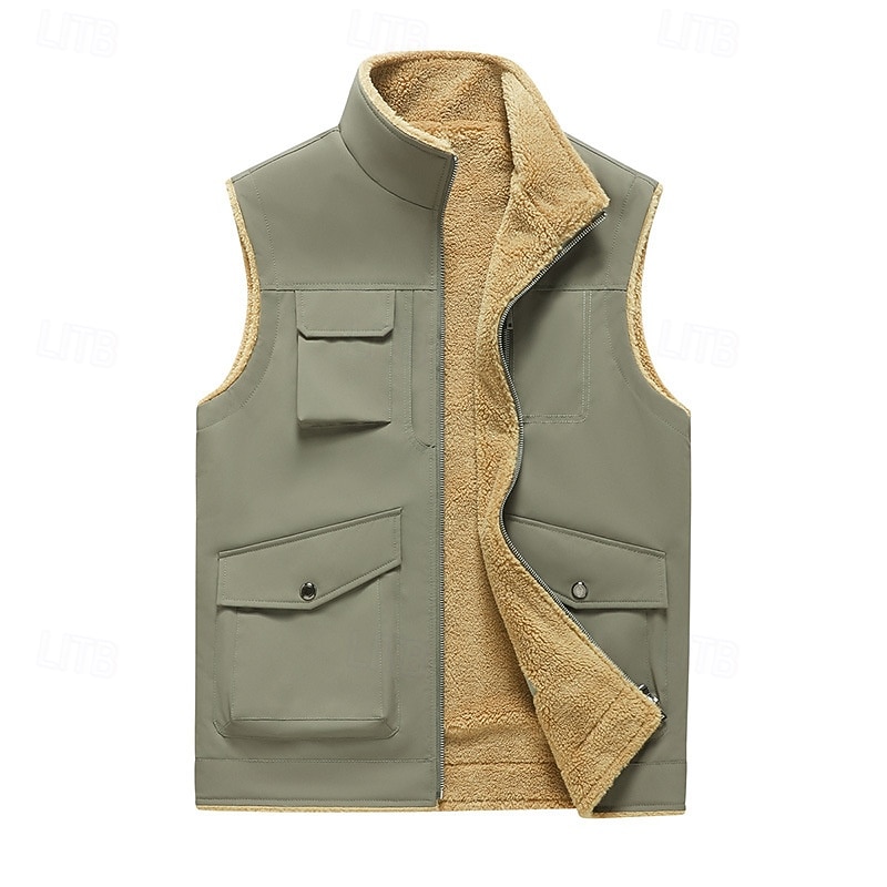 Men's Fleece Vest Vest Gilet Daily Date Vacation Fashion Casual Fall & Winter Pocket Polyester Thermal Warm Comfortable Plain Zipper Stand Collar Regular Fit Black Yellow Khaki Dark Gray Vest2