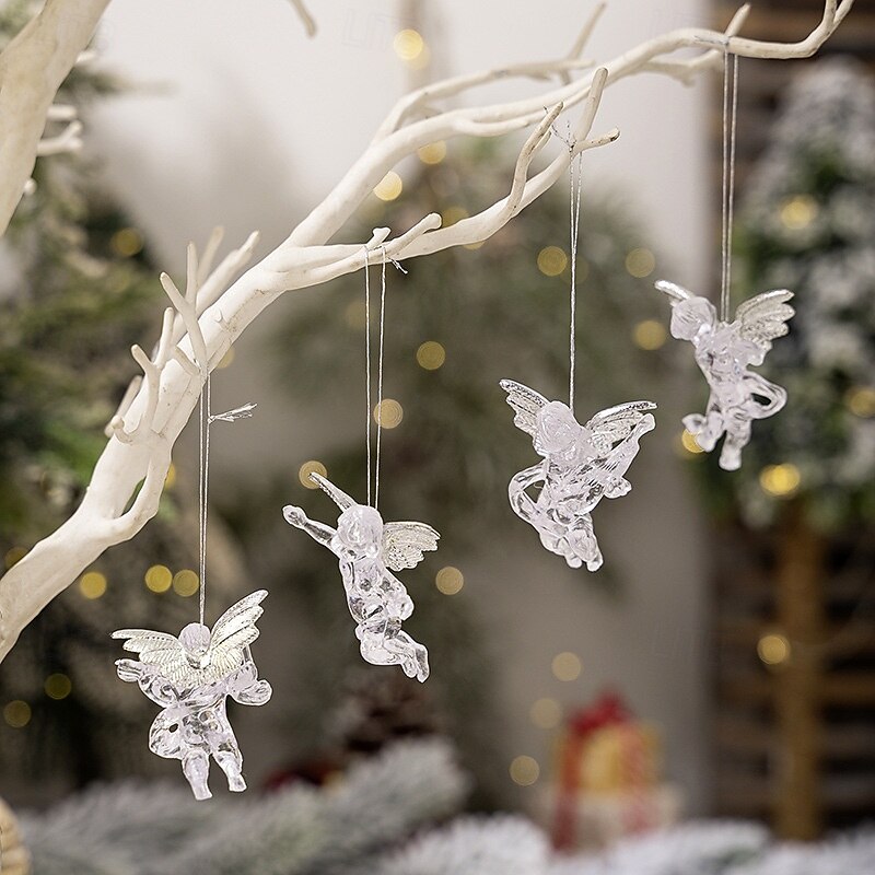 4PCS Christmas Angel Ornaments, Transparent Acrylic Angels with Silver Wings, Xmas Tree Hanging Decoration for Holiday Decor2
