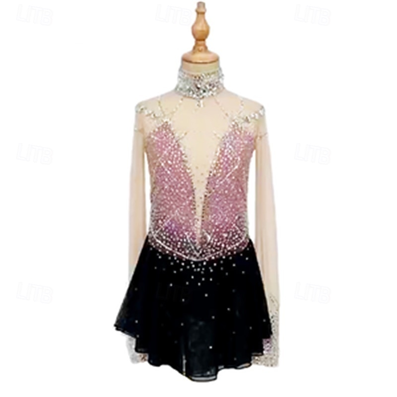 Figure Skating Dress Women's Girls' Ice Skating Dress Pink Patchwork Mesh High Elasticity Training Competition Skating Wear Classic Crystal / Rhinestone Long Sleeve Ice Skating Figure Skating