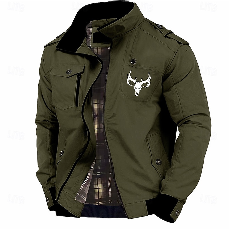 Graphic Animal Deer Men's Standing Collar Jacket Zip Up Combat Bomber Jacket Tactical Cargo Outwear Cotton Comfy Breathable Coat With Pockets4