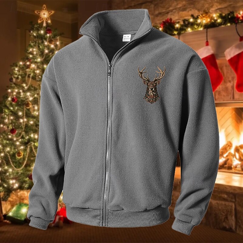 Men's Polar Fleece Jacket Casual Jacket Daily Vacation Warm Pocket Fall & Winter Reindeer Fashion Casual Stand Collar Regular Black Green Beige Gray Jacket3