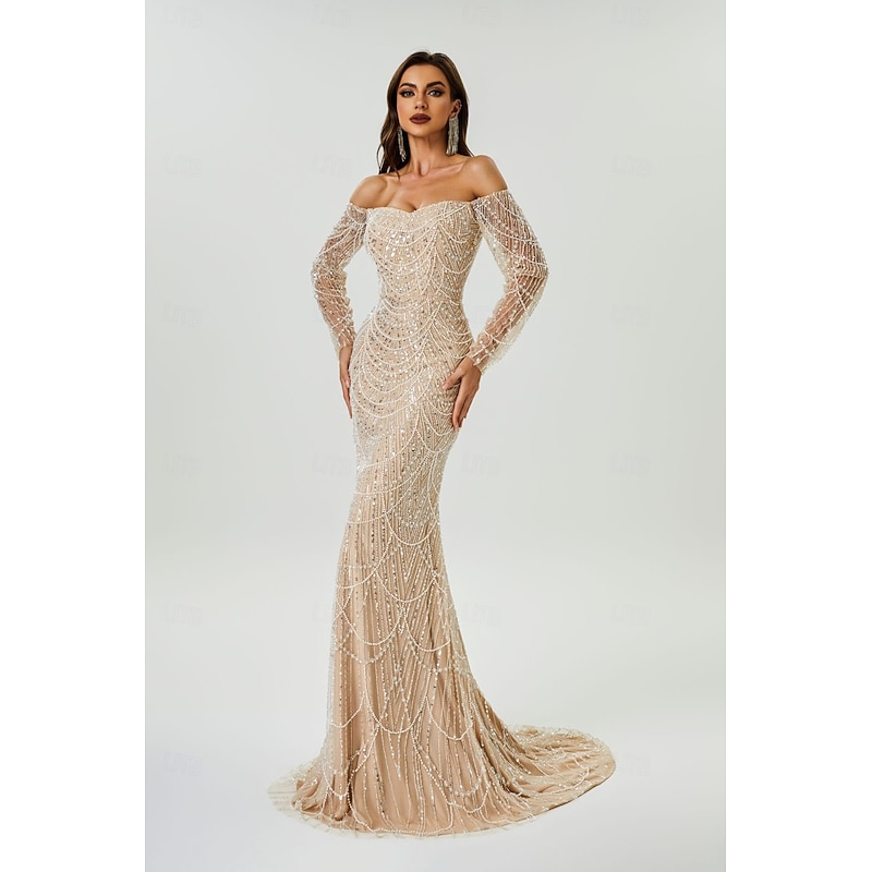 Mermaid Evening Gown Elegant Dress Evening Party Engagement Court Train Long Sleeve Off Shoulder Sequined with Beading Sequin4