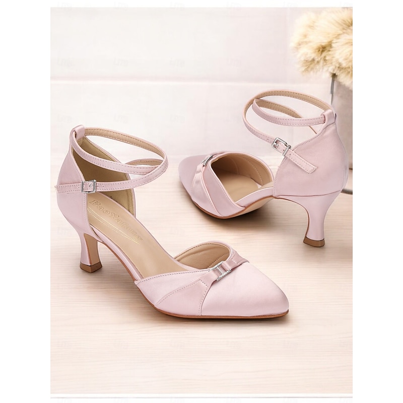 Women's Pink Satin Ankle Strap Heels with Bow Detail – Elegant Wedding or Party Shoes with Mid-Heel for Formal Occasions