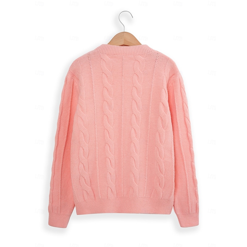 Women's Classic Pink Sweater Crew Neck Cable Fuzzy Knit Knitted Fall Winter Work Fashion Daily Long Sleeve Solid Color Pink Camel3