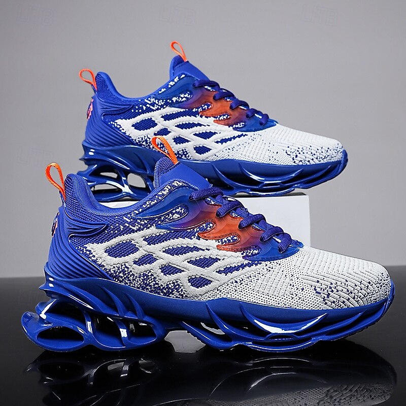 Men's Blue Athletic Sneakers with Unique Hollow Sole Design, Breathable Knit Upper, and Flame Detail – Lightweight Running Shoes with Orange Accents4