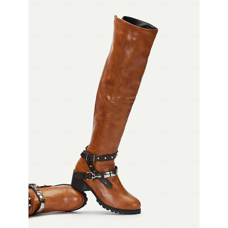 Women's Knee-High Western Riding Boots with Buckle Straps - Vintage Style Faux Leather Thigh-High Boots for Casual and Outdoor Wear3