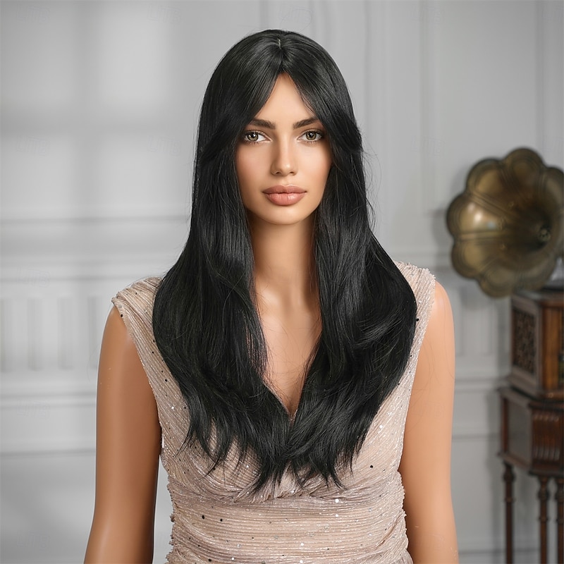 Synthetic Wig Straight kinky Straight Neat Bang With Bangs Machine Made Wig 22 inch Black Synthetic Hair Women's Cute Cosplay Party Natural Black2