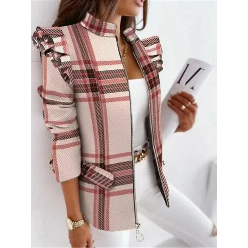 Women's Blazer Outdoor Zipper Leopard Warm Fashion Regular Fit Outerwear Long Sleeve Fall Leopard S