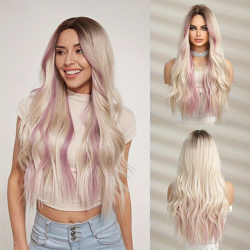 Womens Long Natural Wavy Synthetic Hair with Heat Resistant Fiber