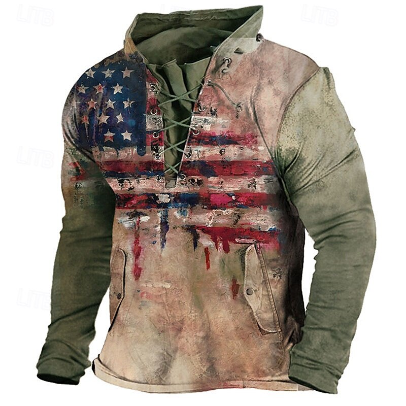Men's Graphic Prints National Flag Sweatshirt Pullover Long Sleeve Sweatshirt Standing Collar Streetwear Designer Basic 3D Print Sports & Outdoor Casual Daily Lace up Pocket Spring &  Fall
