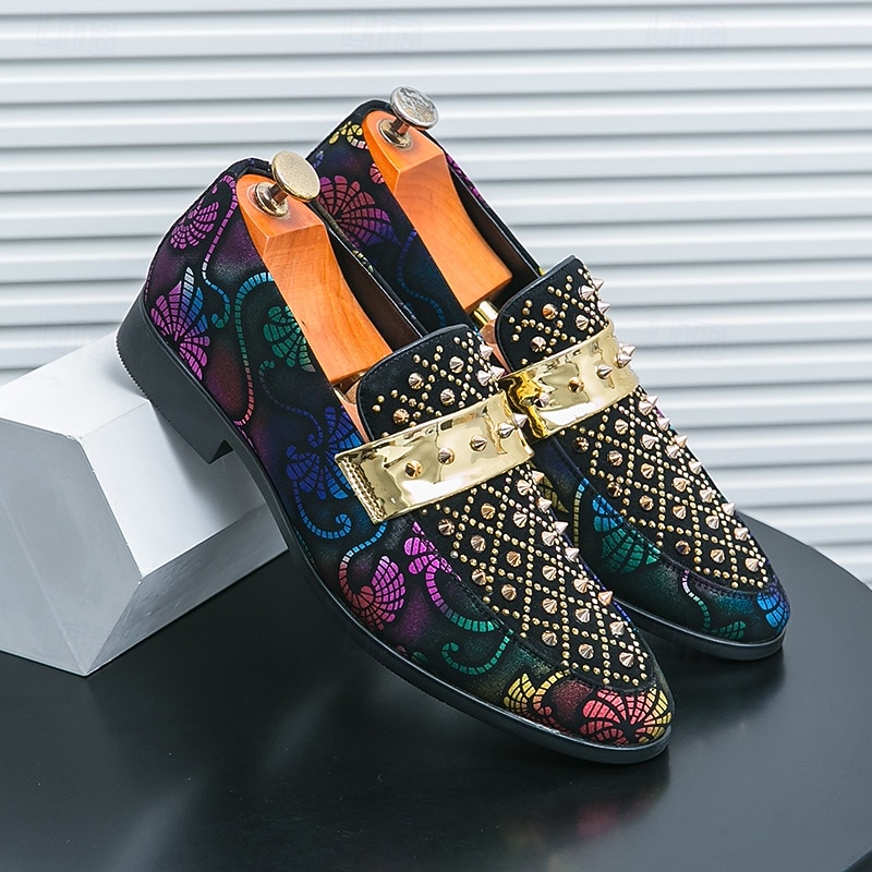 Men's Gothic Style Loafers – Gold Studded Velvet Dress Shoes with Multicolor Paisley Pattern and Metal Buckle3