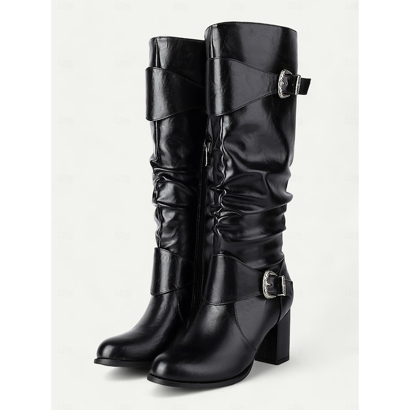 Women's Black Knee-High Chunky Heel Boots with Buckle Straps - Stylish Faux Leather Slouch Boots for Fall and Winter Casual Wear4