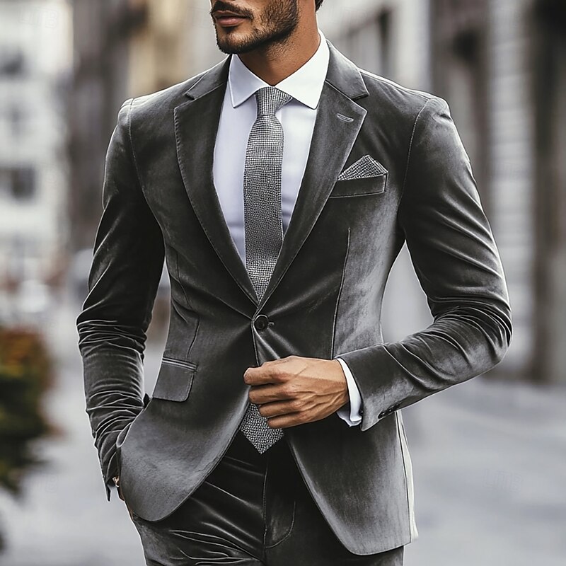 Men's Wedding Party Evening Wear Suits Notch Lapel Grey Fashion Daily Solid Colored Standard Fit 2 Piece Single Breasted One-button3