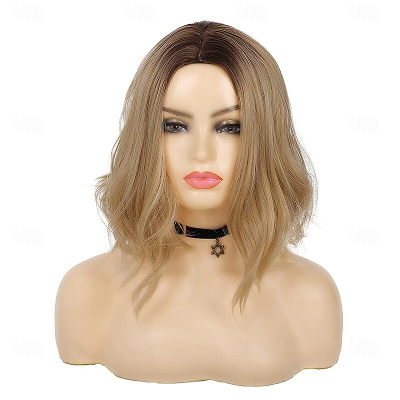 Bob Wig Short Natural Wavy Middle Part Synthetic Dark Roots Cosplay Wigs for Women3