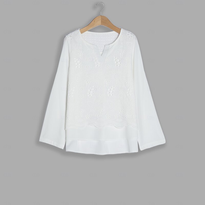 Women's Shirt Blouse Dressy Tops Solid Color Plain Stylish Basic Long Sleeve Notched Neck Regular Tops Daily Embroidered Eyelet Black White Orange Summer Spring Fall2