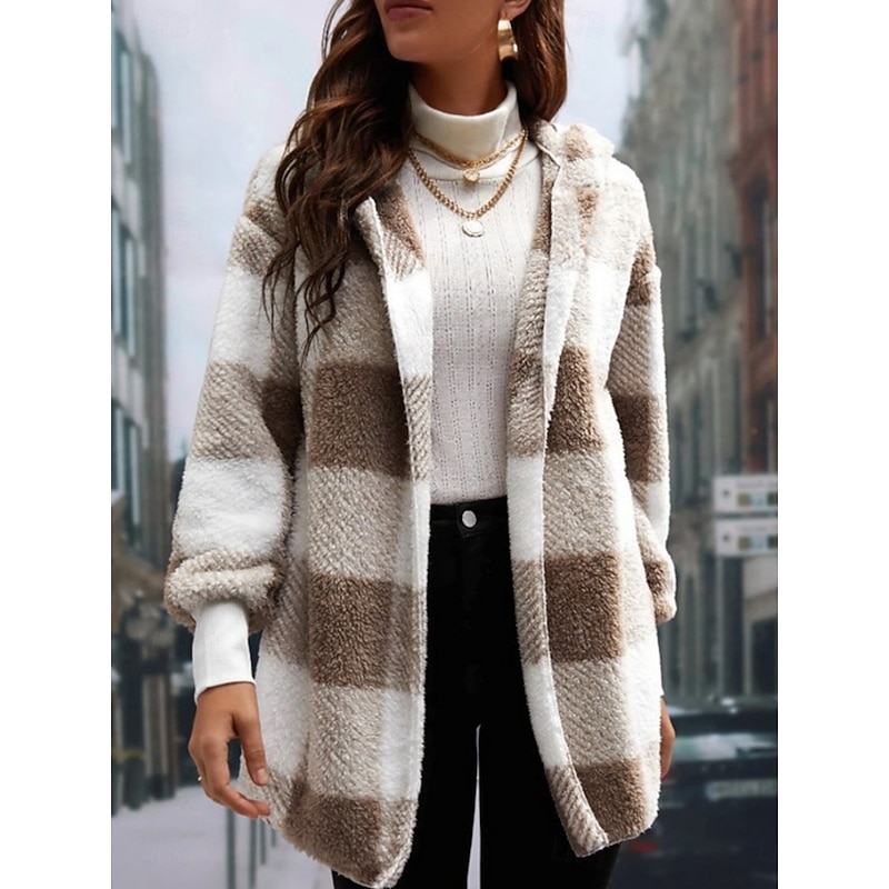 Women's Winter Coat Fleece Jacket Teddy Coat Warm Breathable Print Fleece Lined Casual Plaid Vacation Street Daily Wear Going out Open Front Regular Hoodie Regular Fit Long Sleeve Outerwear Pink Red